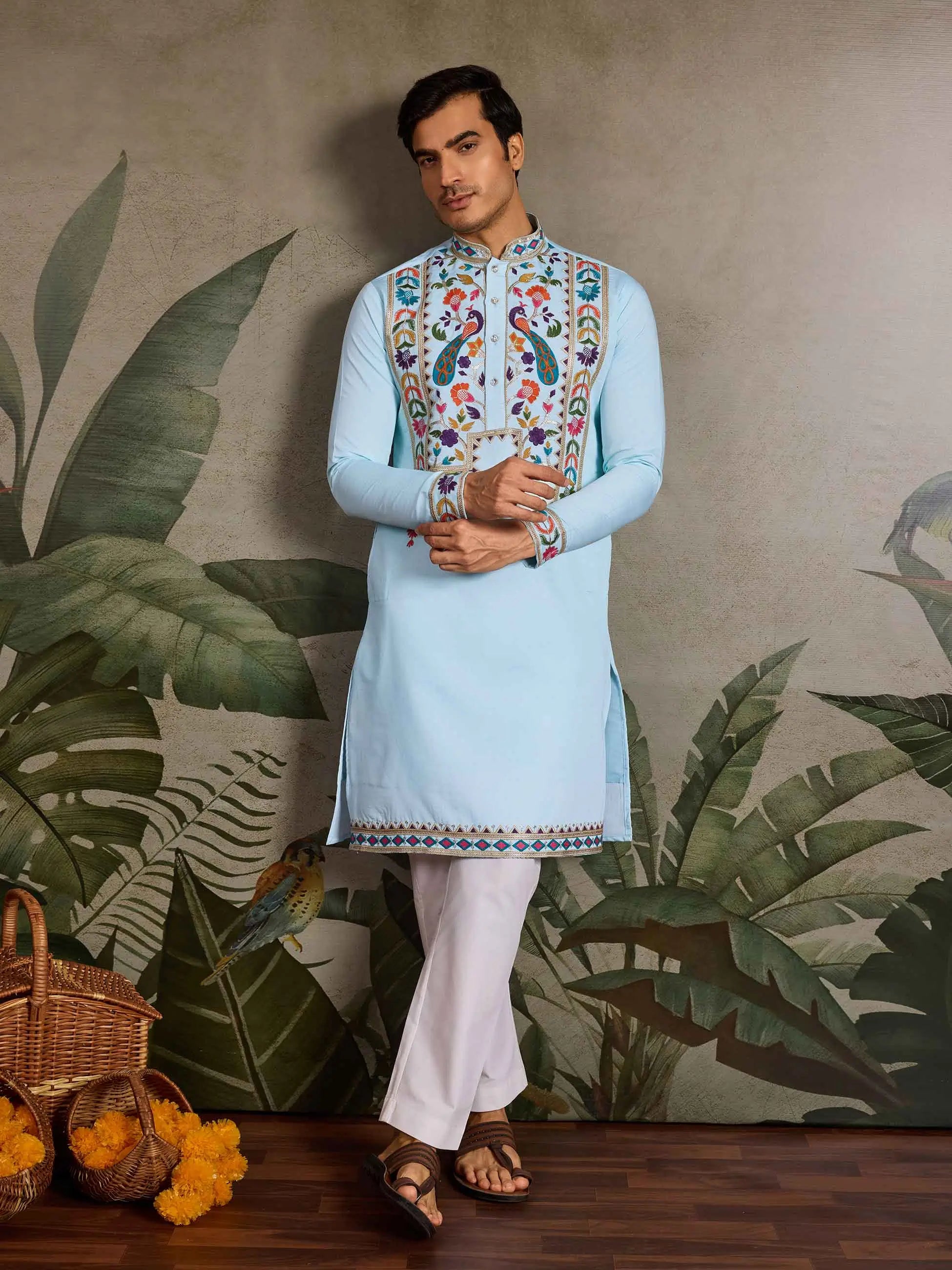 Sky Blue Multi Thread Sequins Embroidery Work Festive Wear Kurta Set - qivii