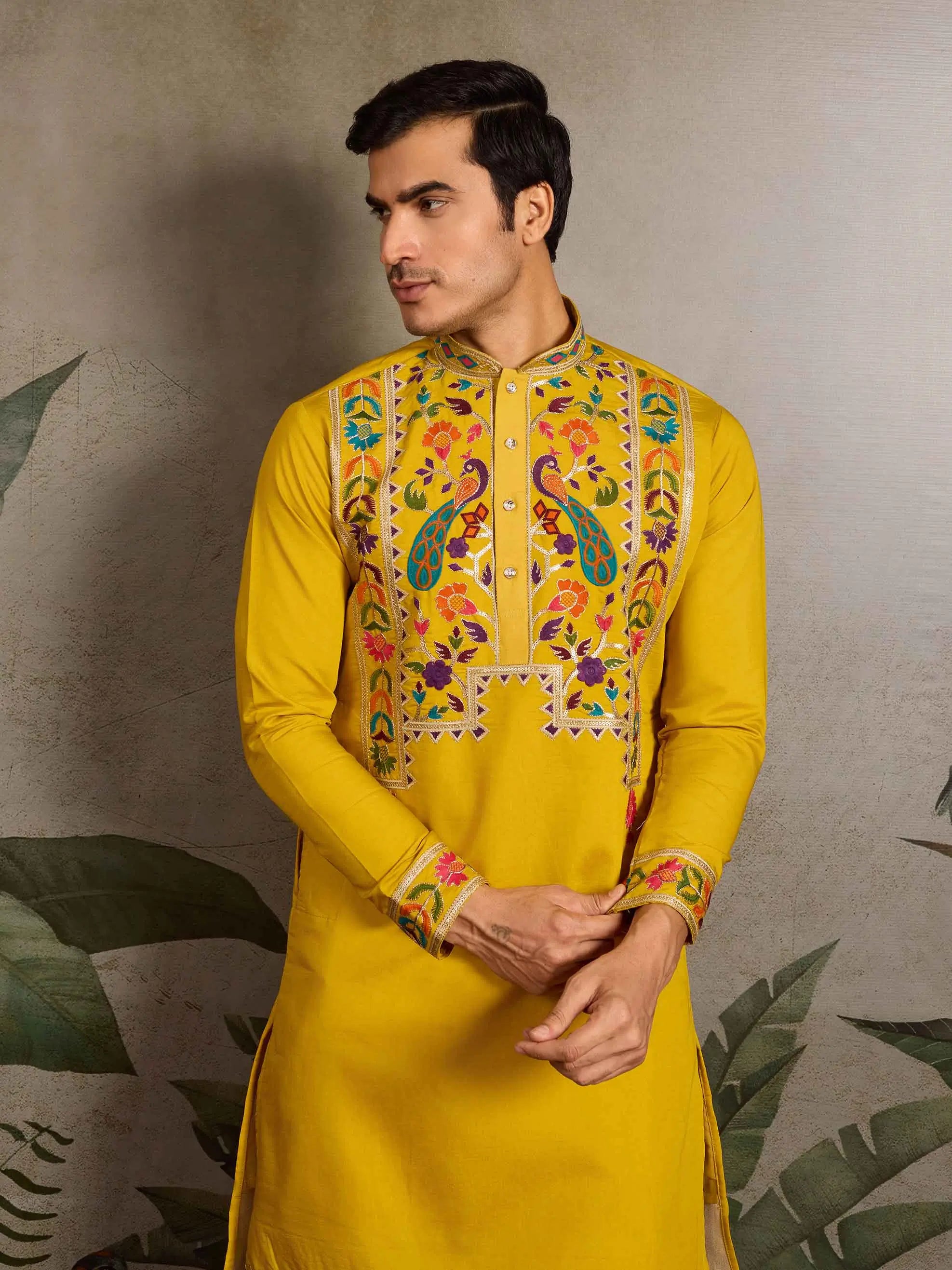 Yellow Multi Thread And Sequins Embroidery Work Festive Wear Kurta Set - qivii