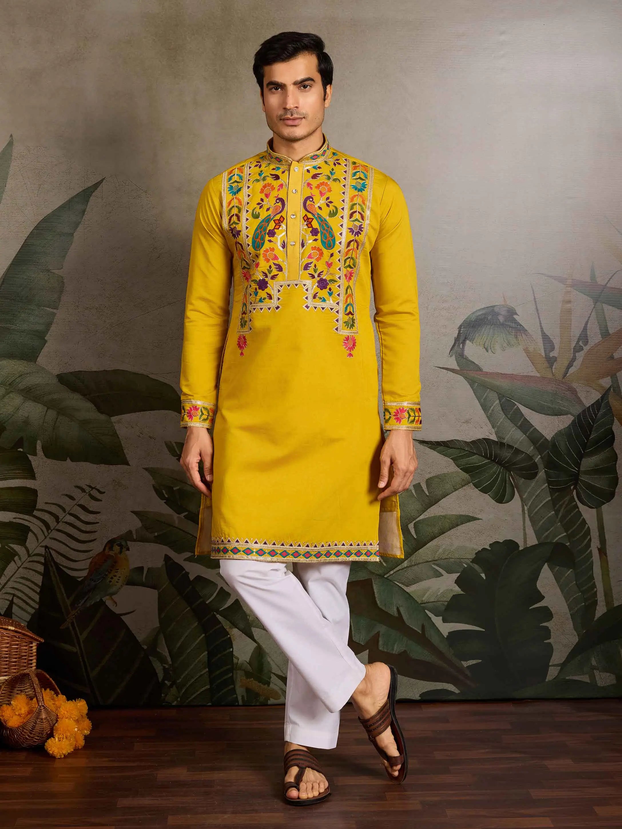Yellow Multi Thread And Sequins Embroidery Work Festive Wear Kurta Set - qivii