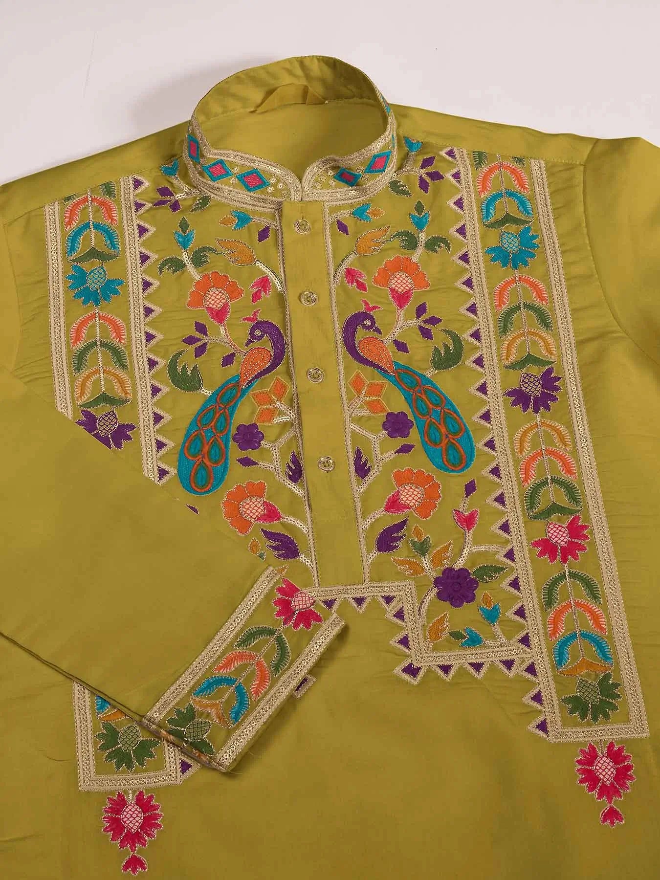 Fluroscent Green Multi Thread Sequins Embroidery Work Festive Wear Kurta Set - qivii