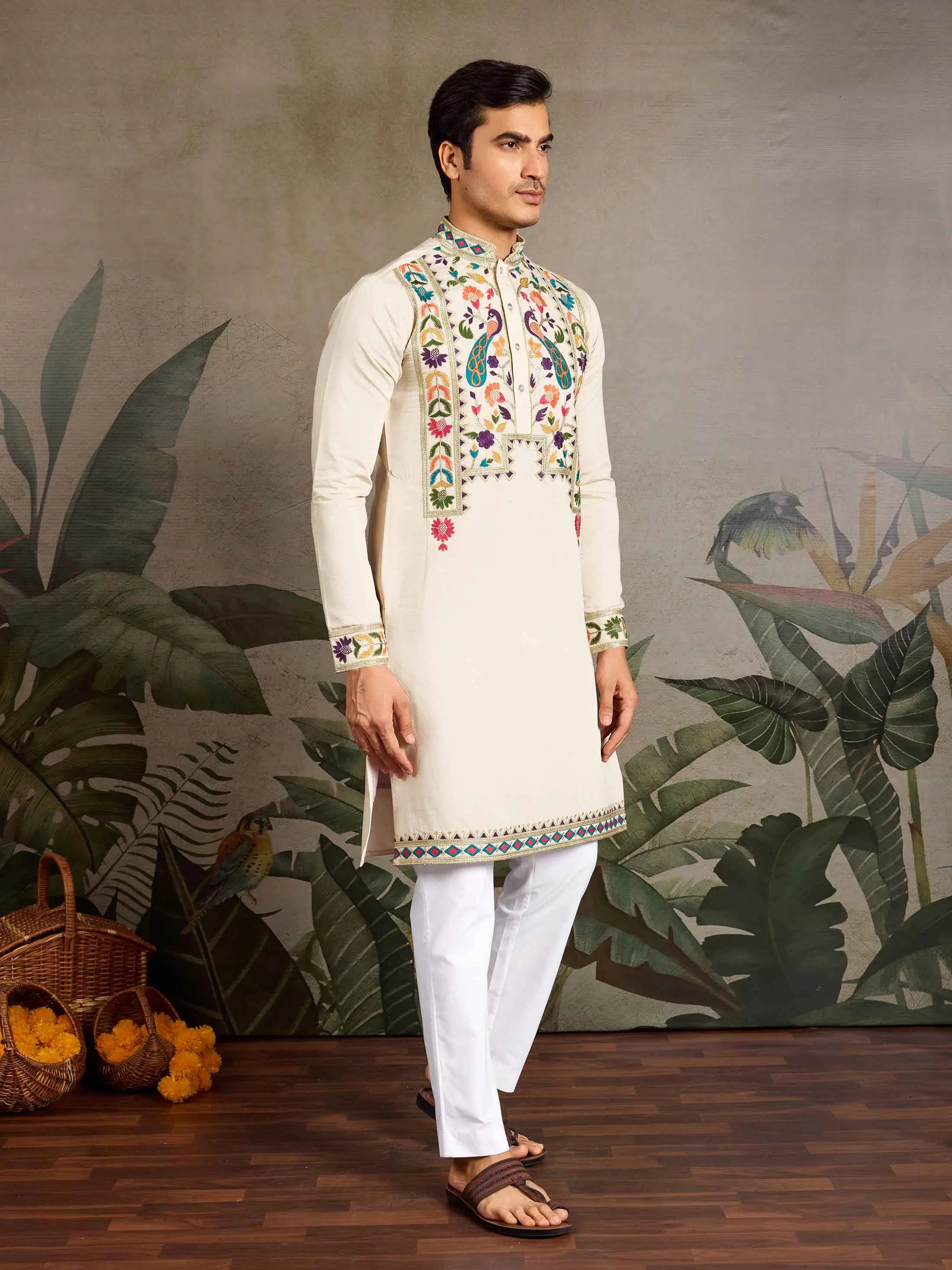 Beige Multi Thread And Sequins Embroidery Work Festive Wear Kurta Set - qivii