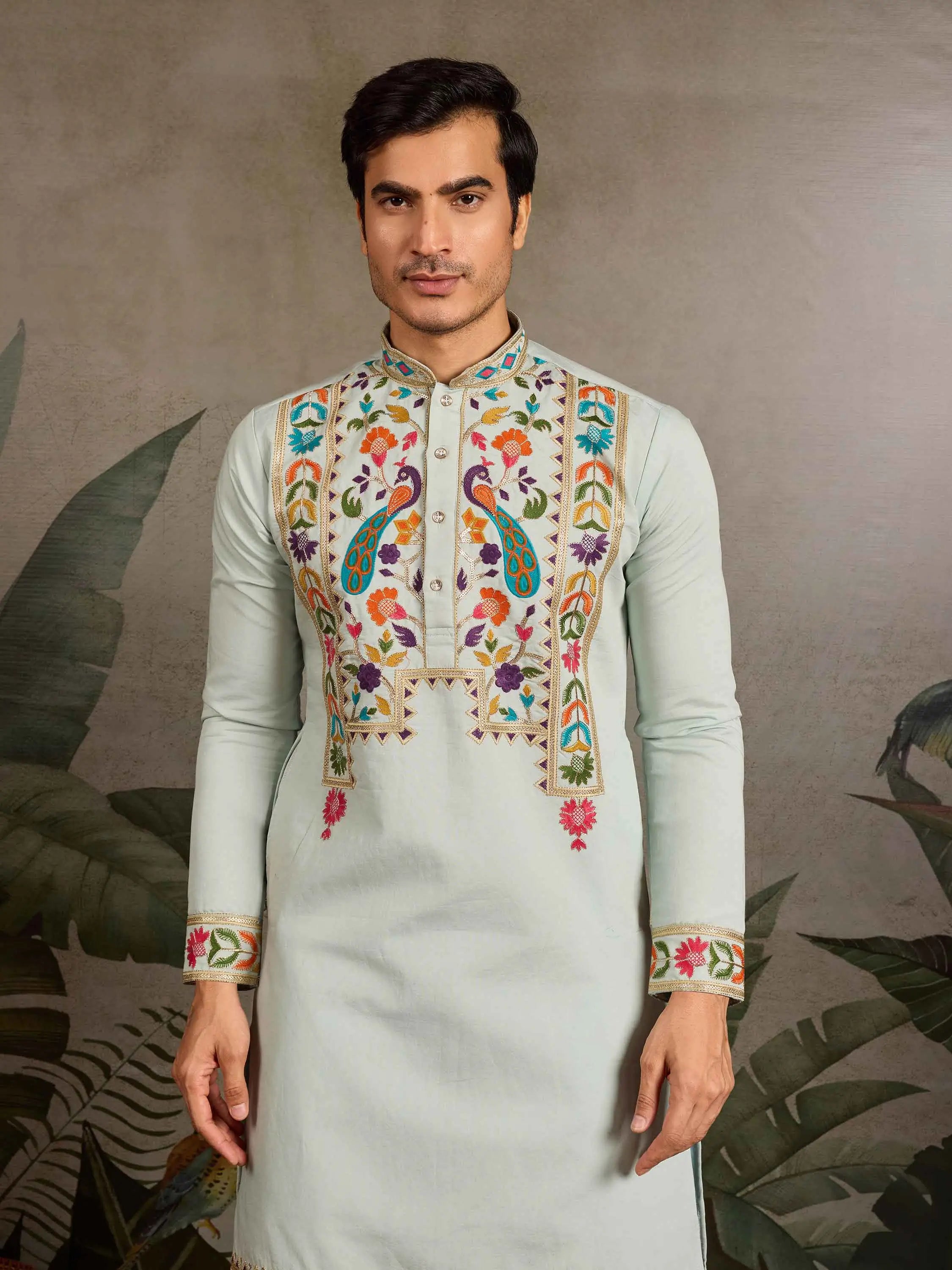 Light Pista Multi Thread Sequins Embroidery Work Festive Wear Kurta Set - qivii