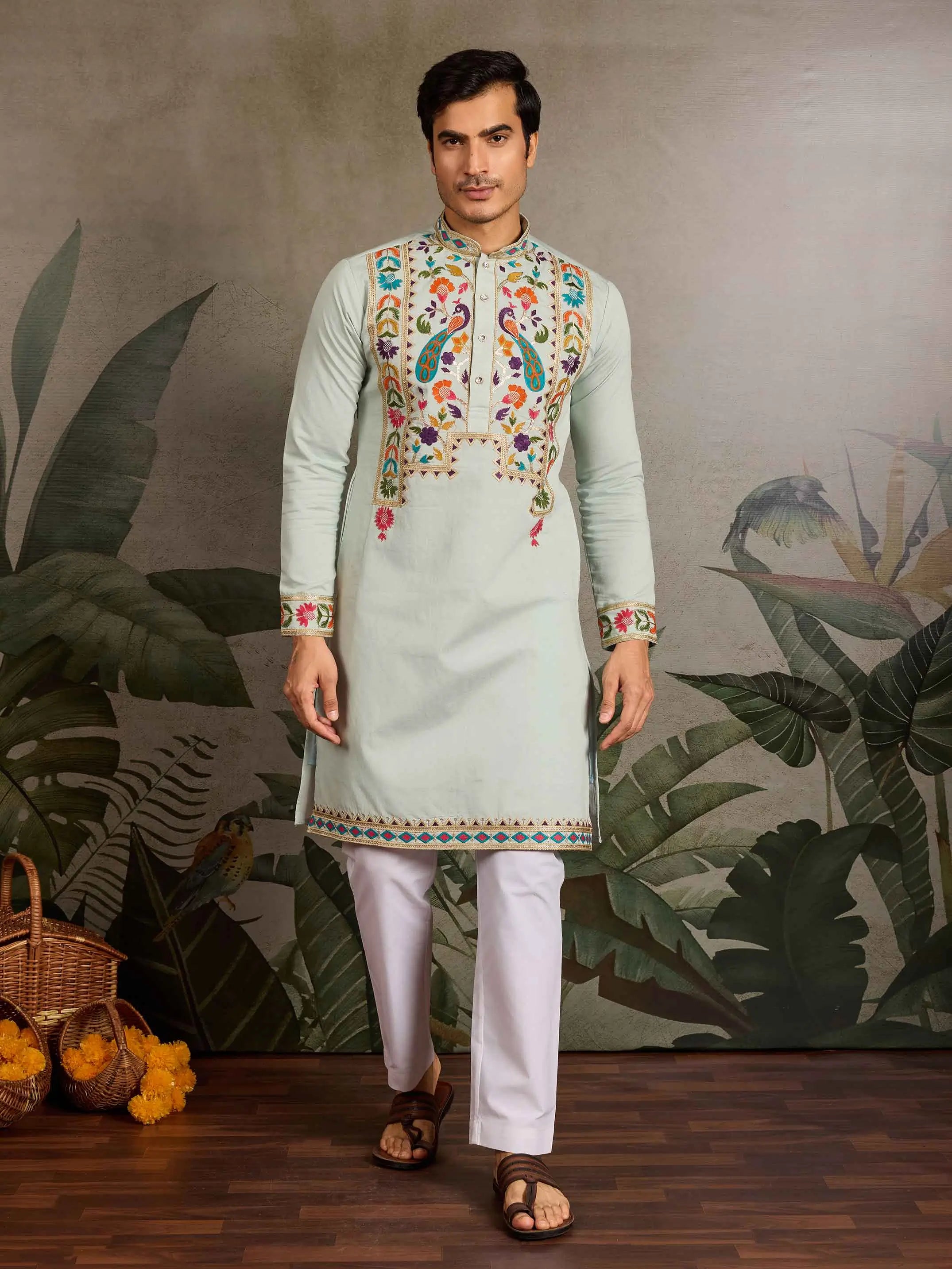 Light Pista Multi Thread Sequins Embroidery Work Festive Wear Kurta Set - qivii