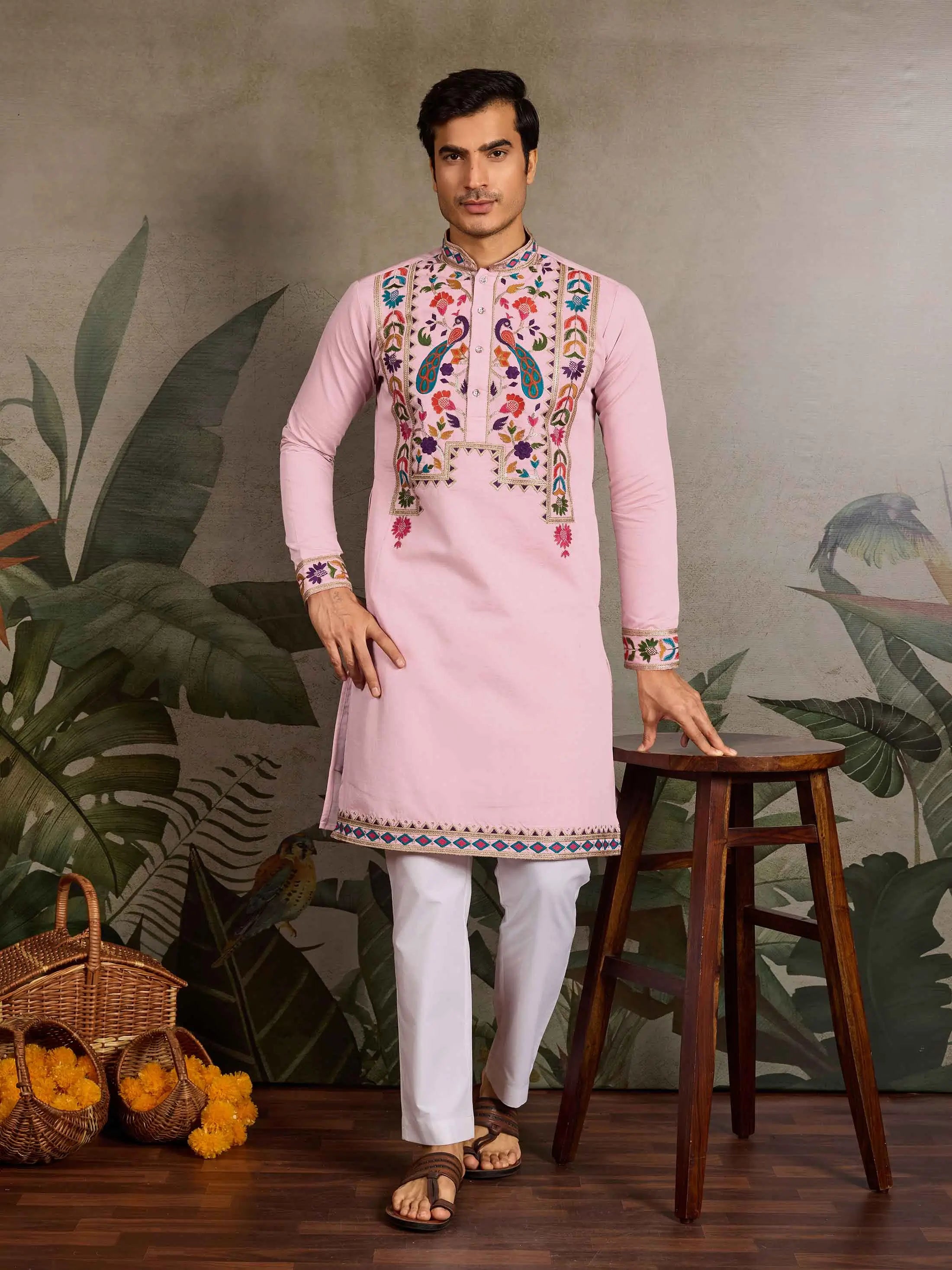 Light Pink Multi Thread Sequins Embroidery Work Festive Wear Kurta Set - qivii