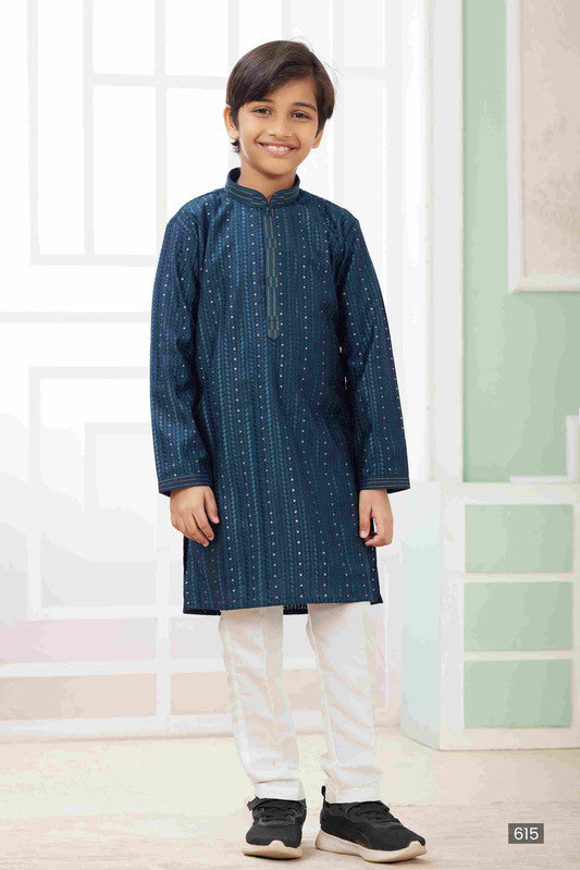 Boy's Teal Green Art Silk Embroidery Kurta Set