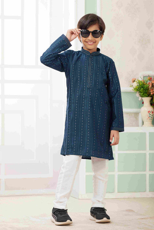 Boy's Teal Green Art Silk Embroidery Kurta Set