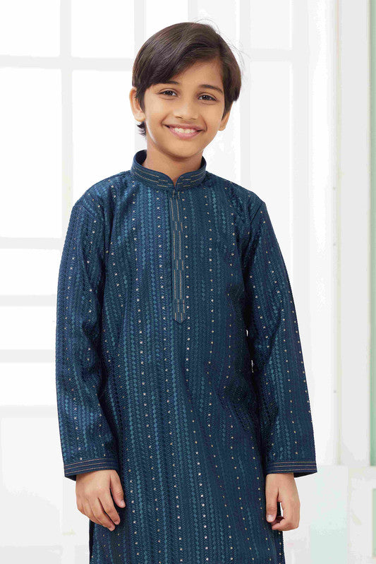Boy's Teal Green Art Silk Embroidery Kurta Set
