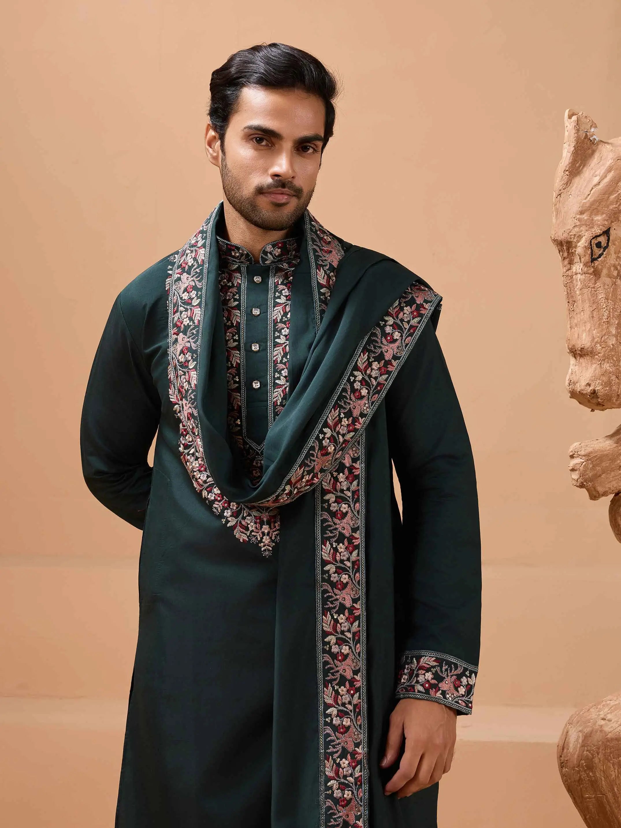 Dark Green Embroidery Kurta With Dupatta