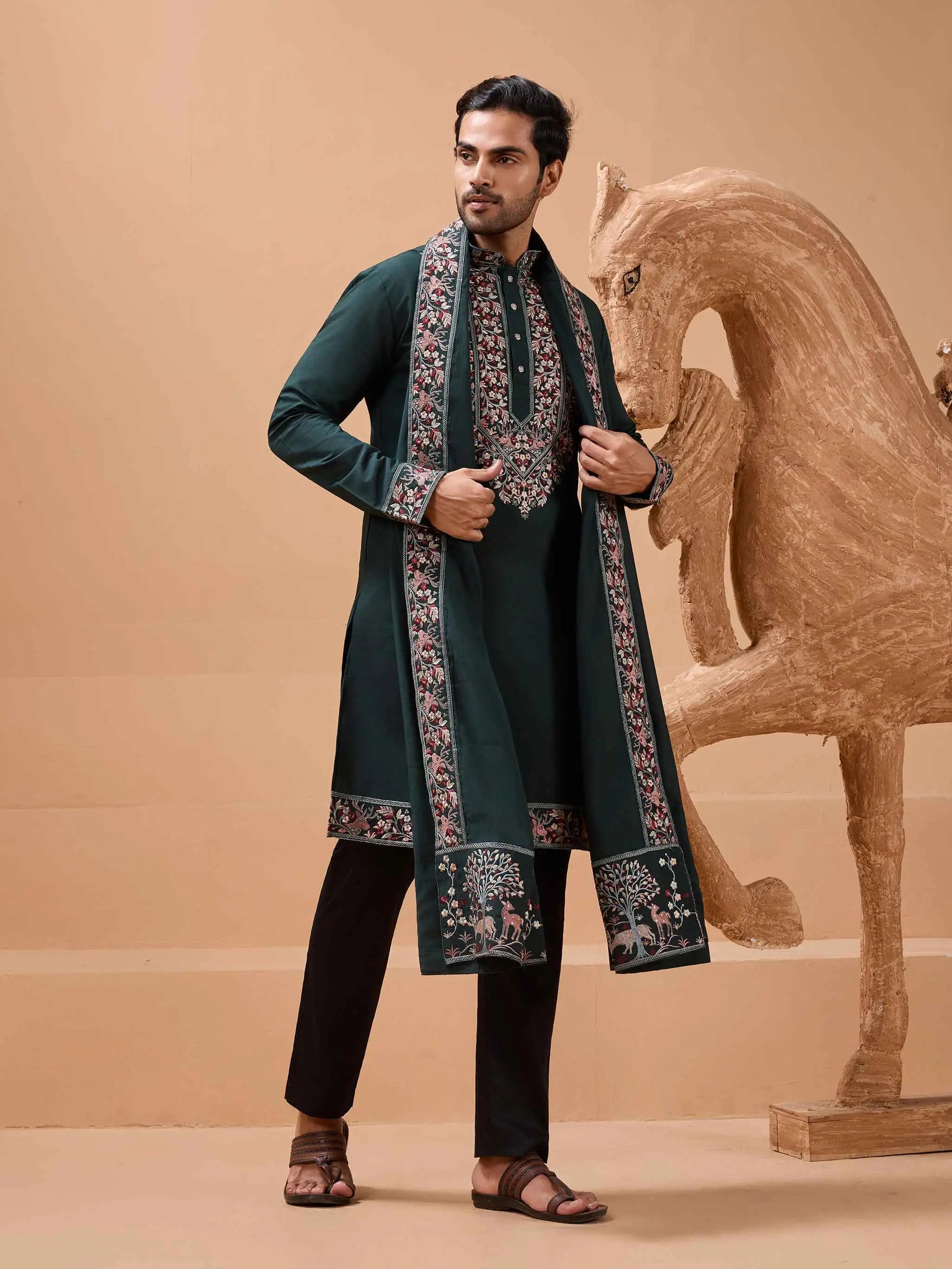 Dark Green Embroidery Kurta With Dupatta