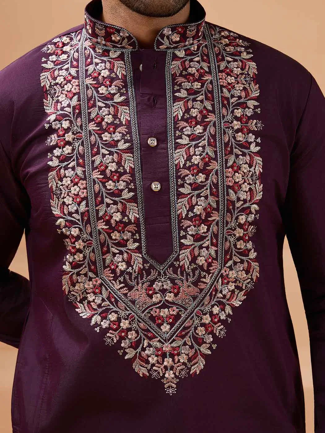 Wine Berry Embroidery Kurta With Dupatta