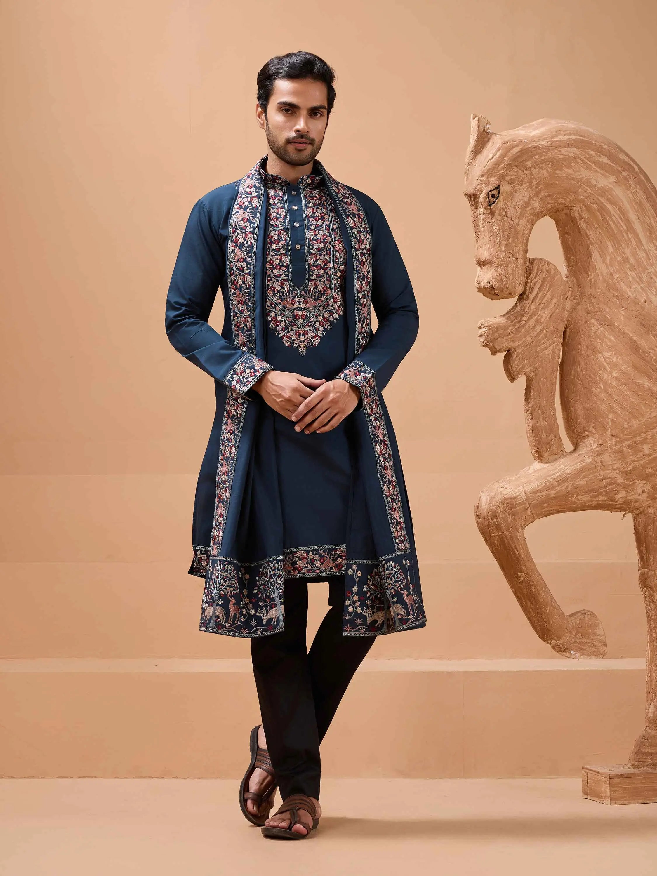 Teal Blue Embroidery Kurta With Dupatta