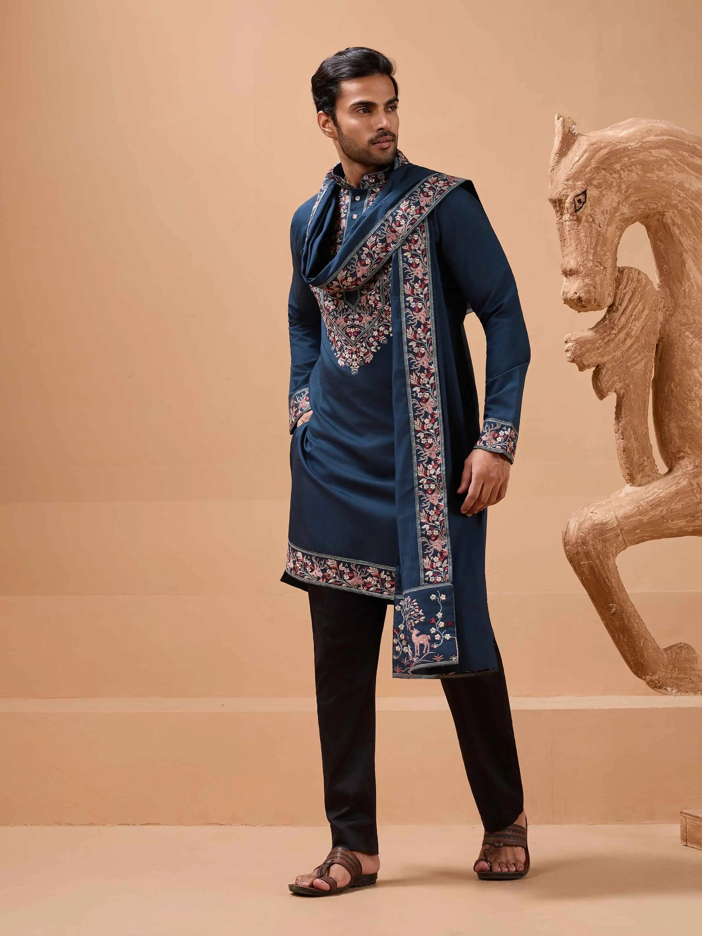Teal Blue Embroidery Kurta With Dupatta