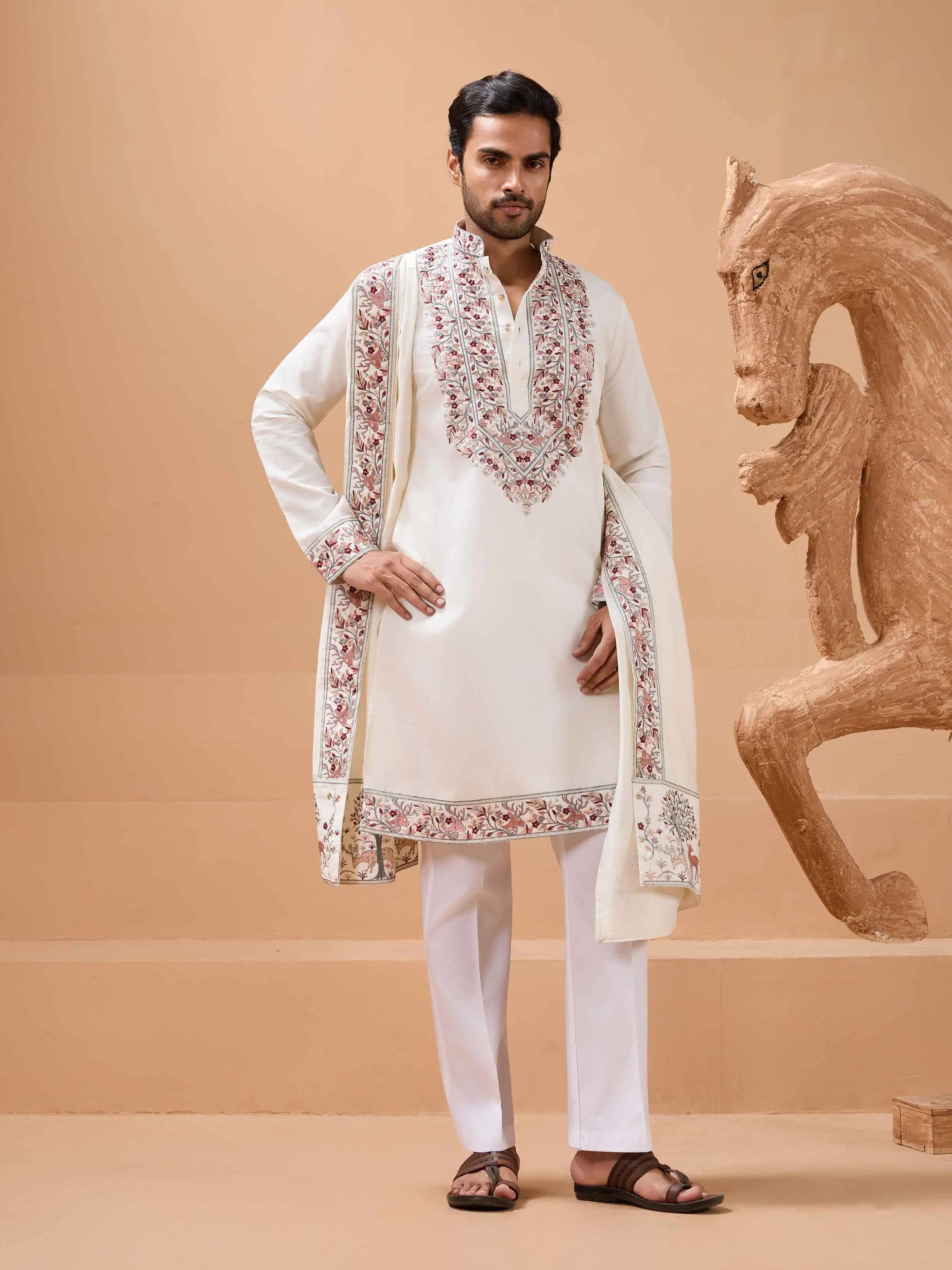 White Embroidery Work Kurta With Dupatta