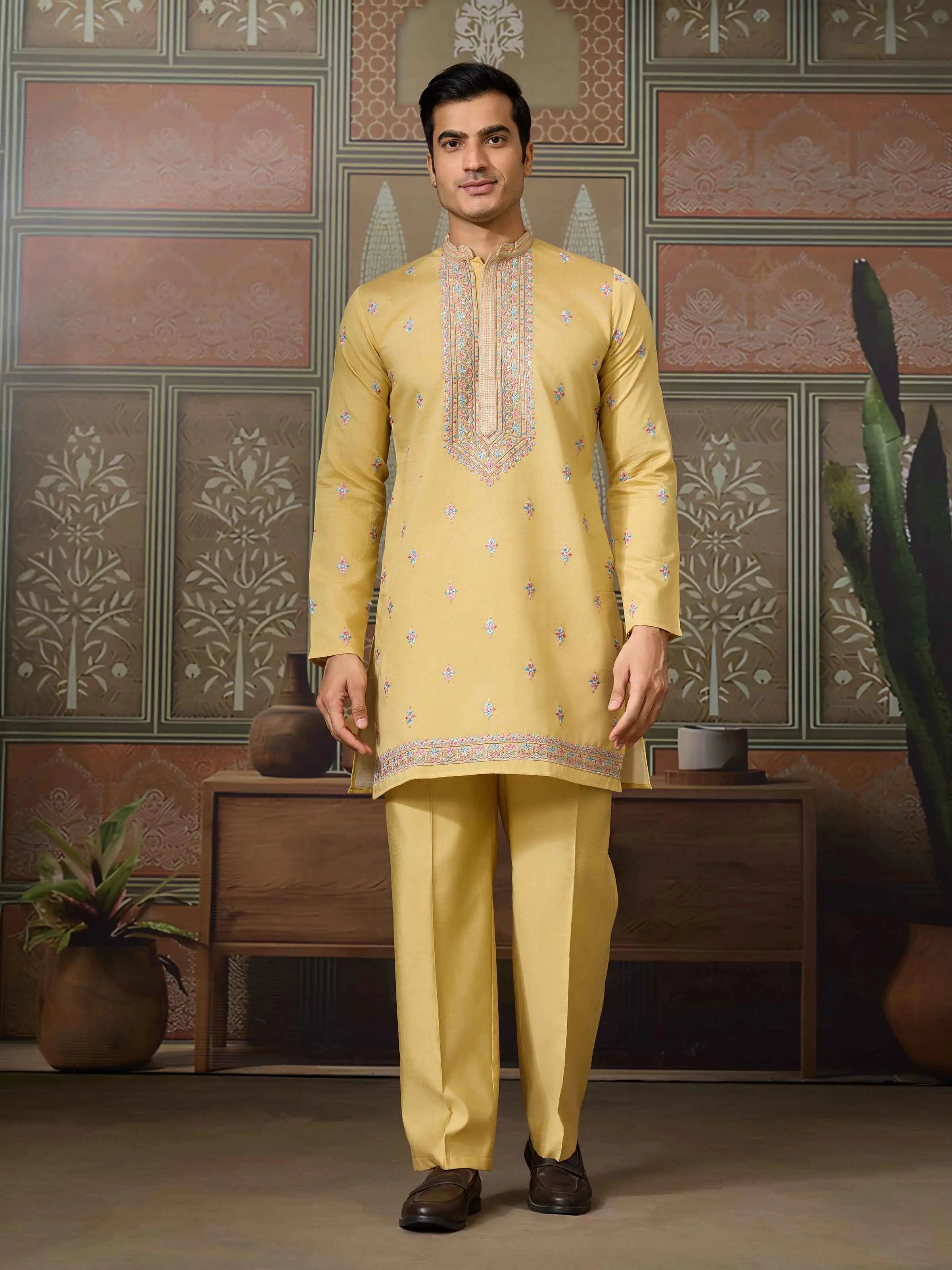 Yellow Multi Thread Sequins Embroidery Work Wedding Wear Kurta And Jacket - qivii