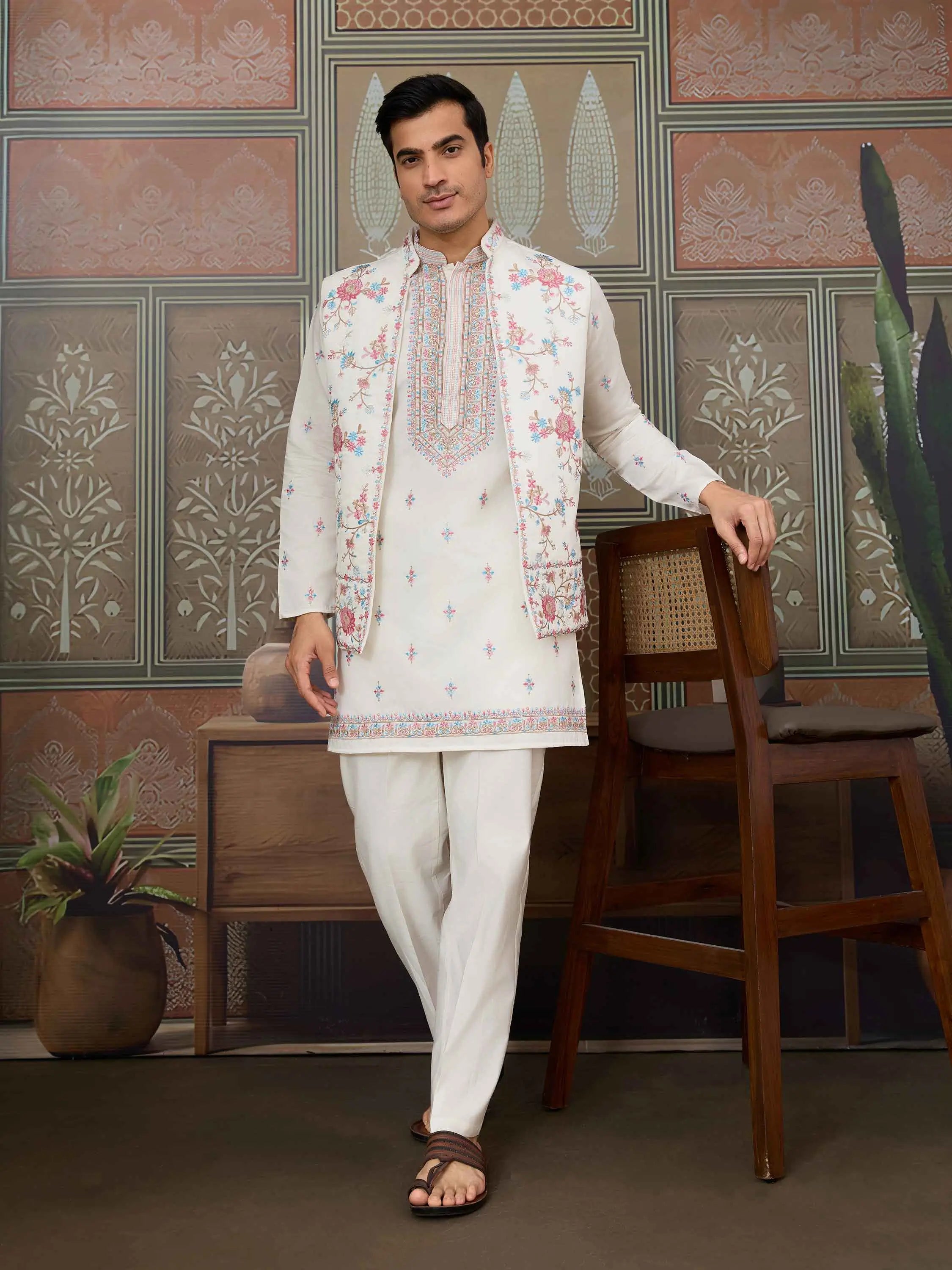 White Multi Thread Sequins Embroidery Work Wedding Wear Kurta And Jacket - qivii