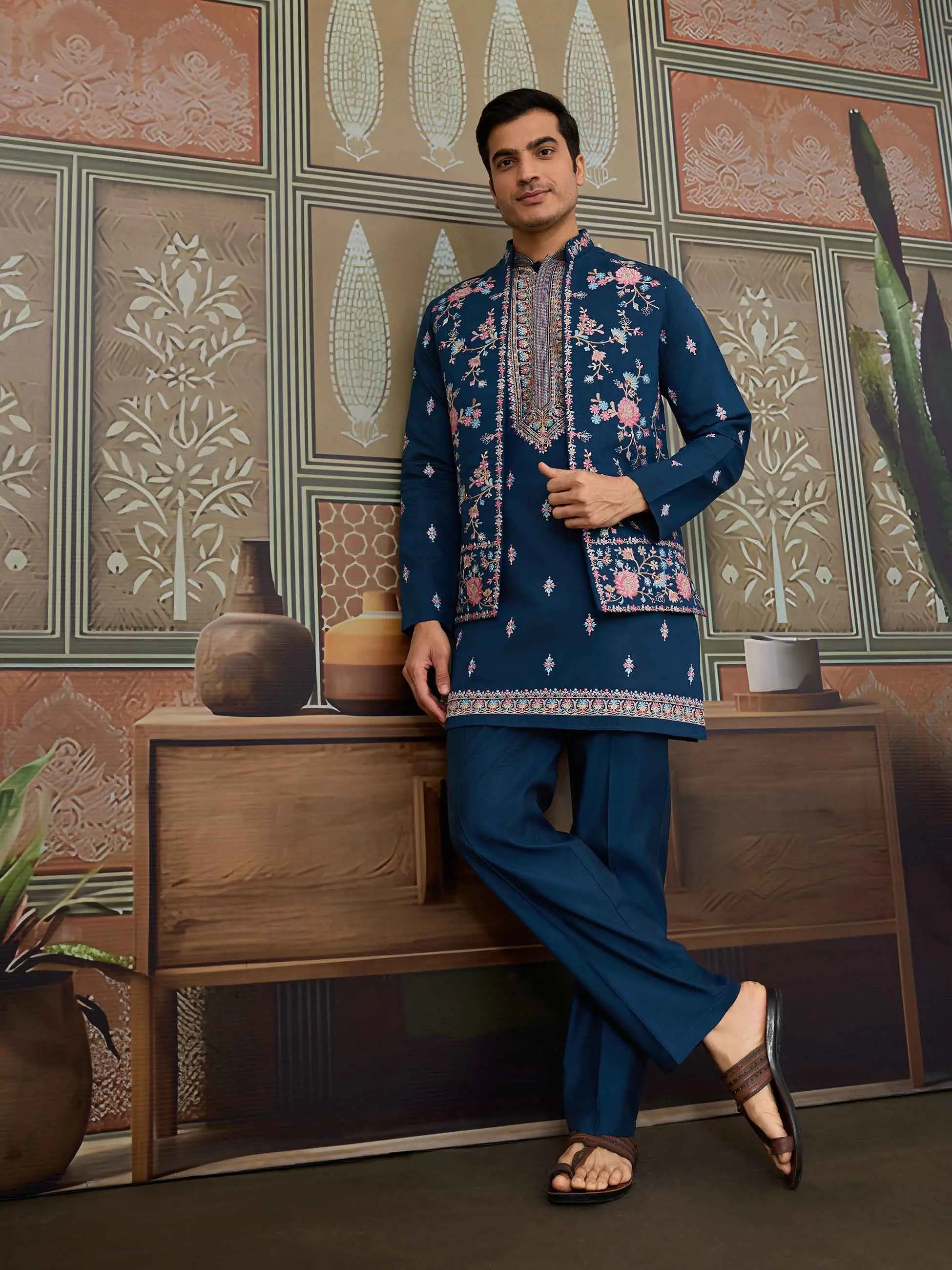 Nile Blue Multi Thread Sequins Embroidery Work Wedding Wear Kurta And Jacket - qivii