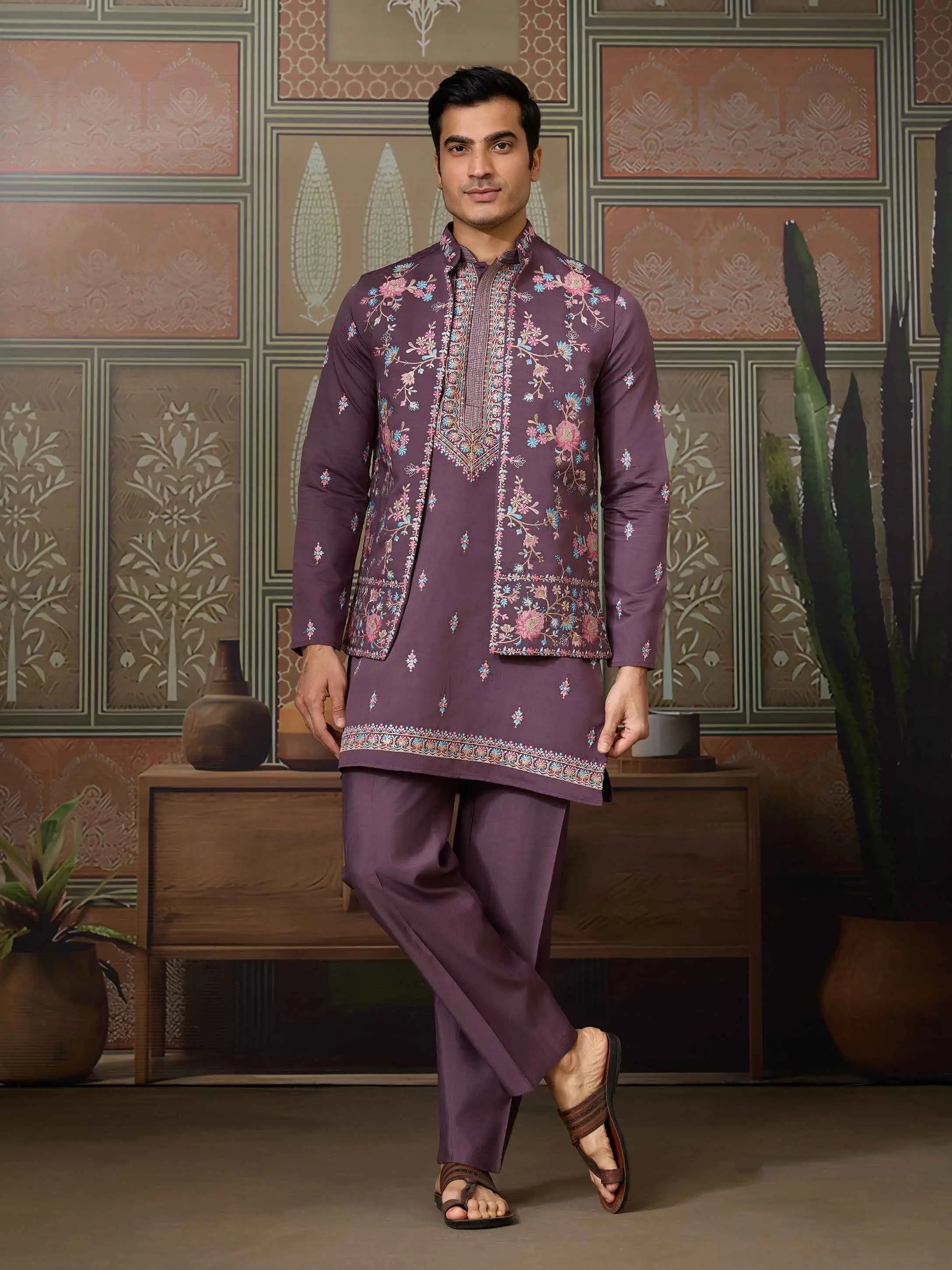 Dirty Purple Multi Thread Sequins Embroidery Work Wedding Wear Kurta And Jacket - qivii