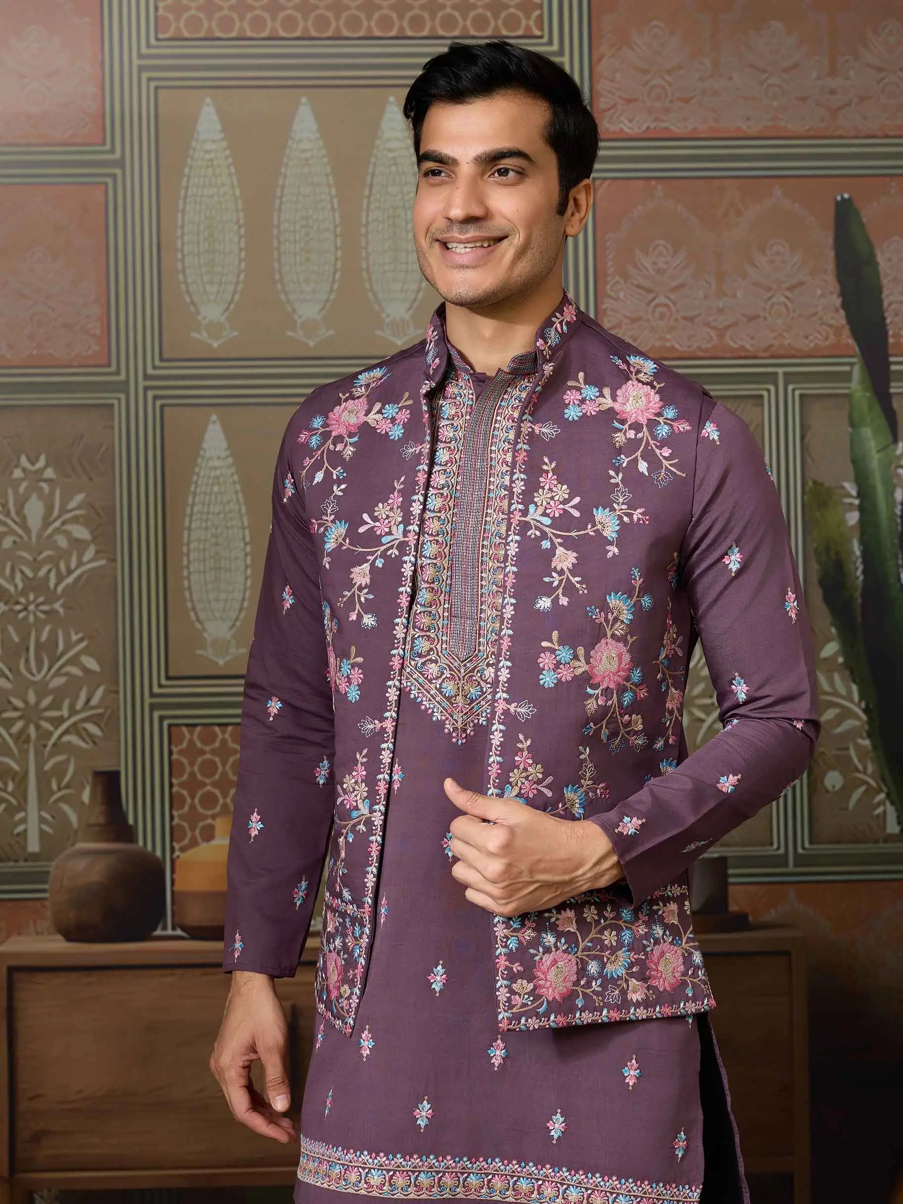 Dirty Purple Multi Thread Sequins Embroidery Work Wedding Wear Kurta And Jacket - qivii