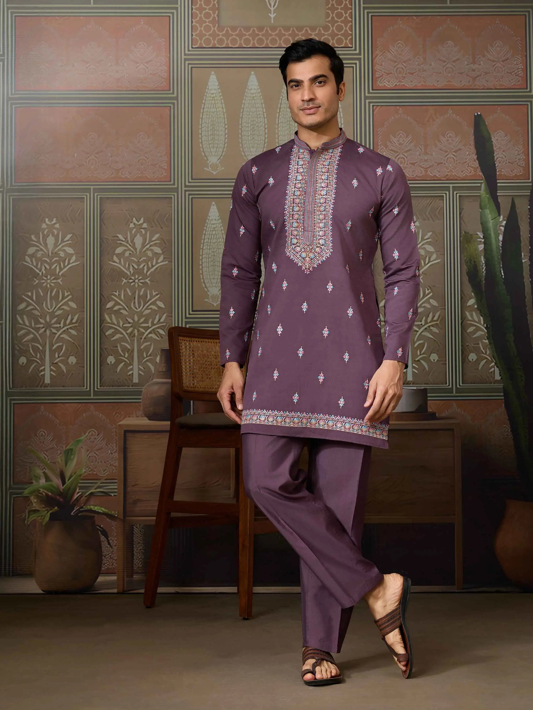 Dirty Purple Multi Thread Sequins Embroidery Work Wedding Wear Kurta And Jacket - qivii