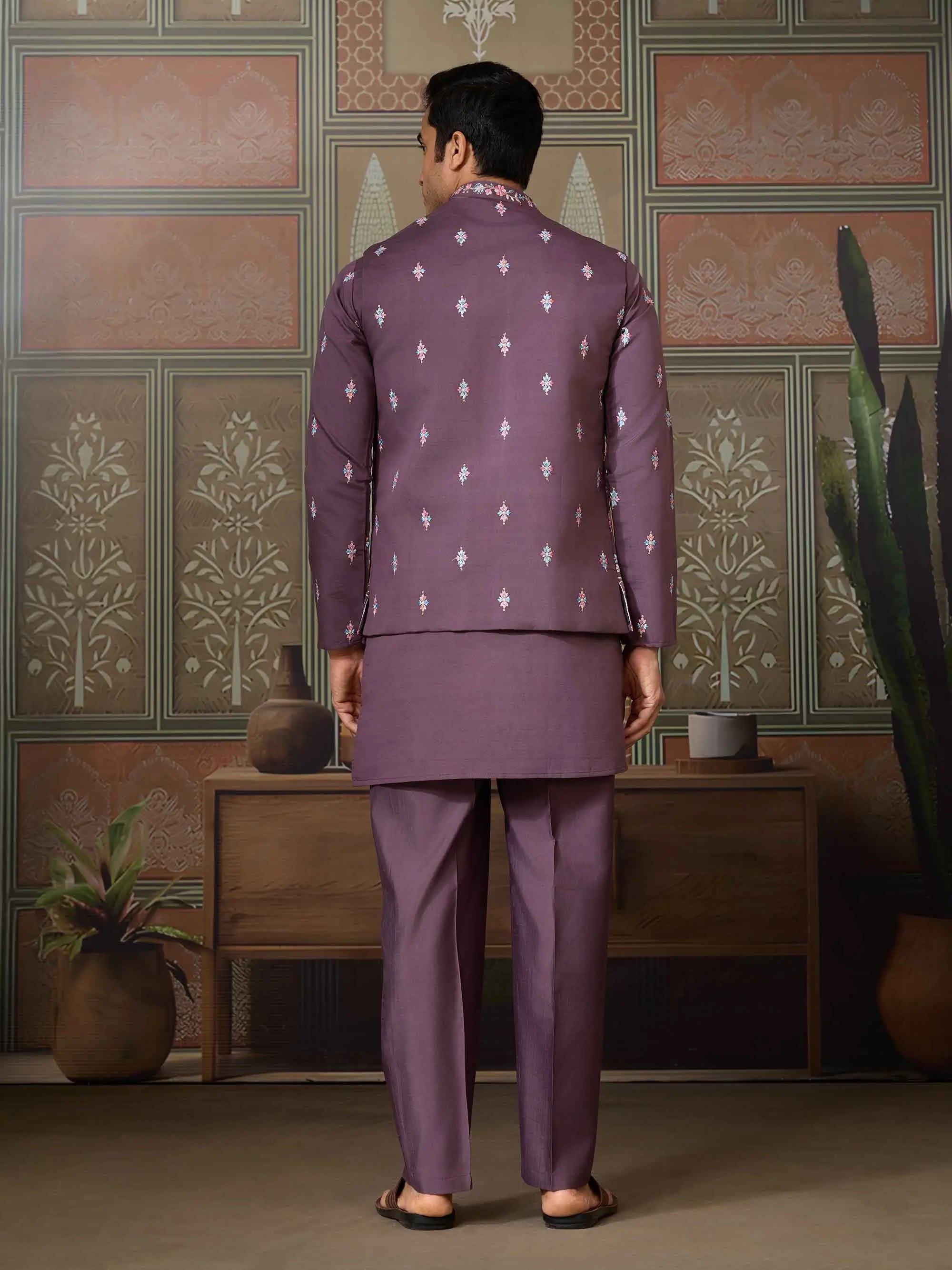 Dirty Purple Multi Thread Sequins Embroidery Work Wedding Wear Kurta And Jacket - qivii