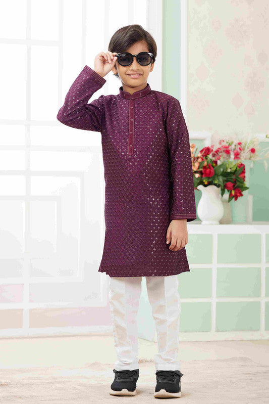 Boy's Wine Art Silk Embroidery Kurta Set
