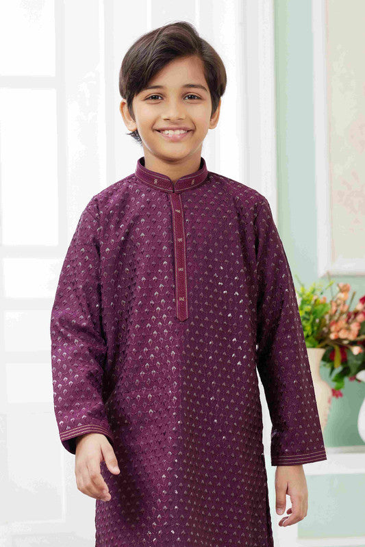 Boy's Wine Art Silk Embroidery Kurta Set