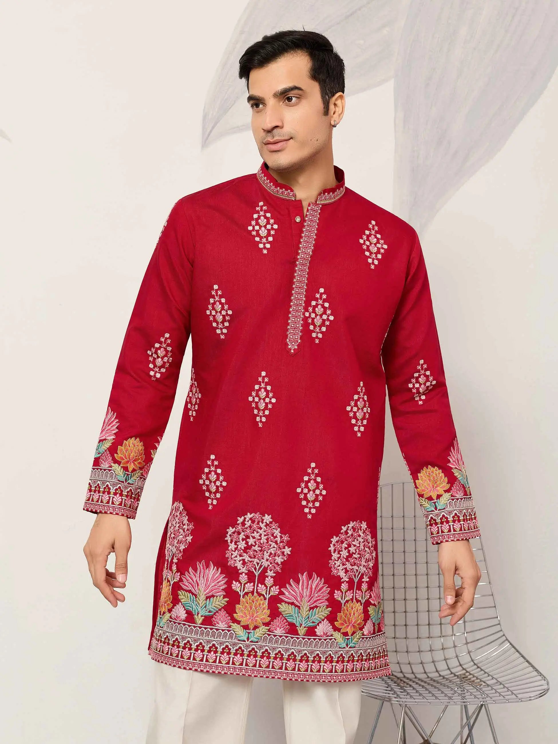 Red Embroidery Work Kurta Set