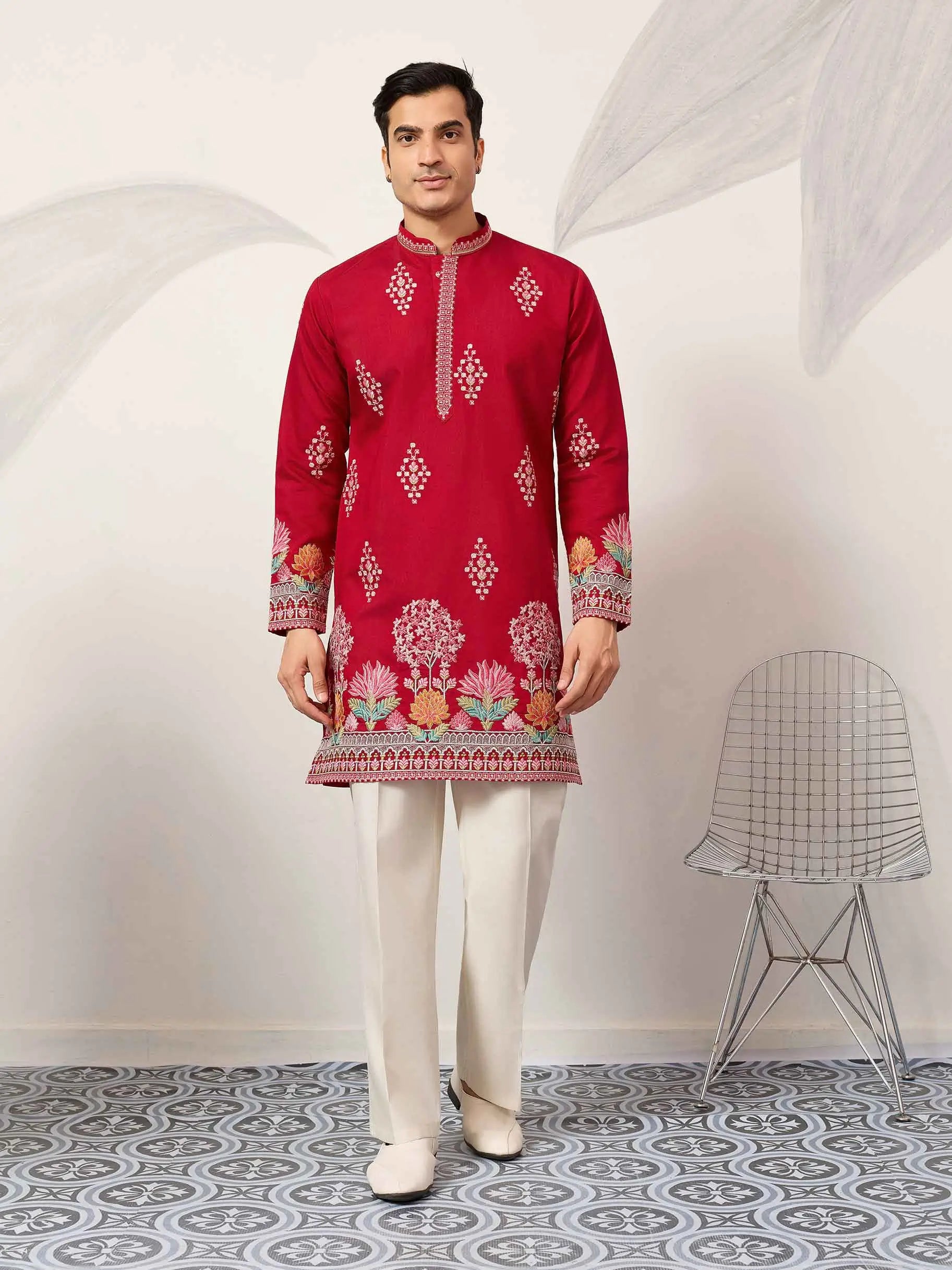 Red Embroidery Work Kurta Set