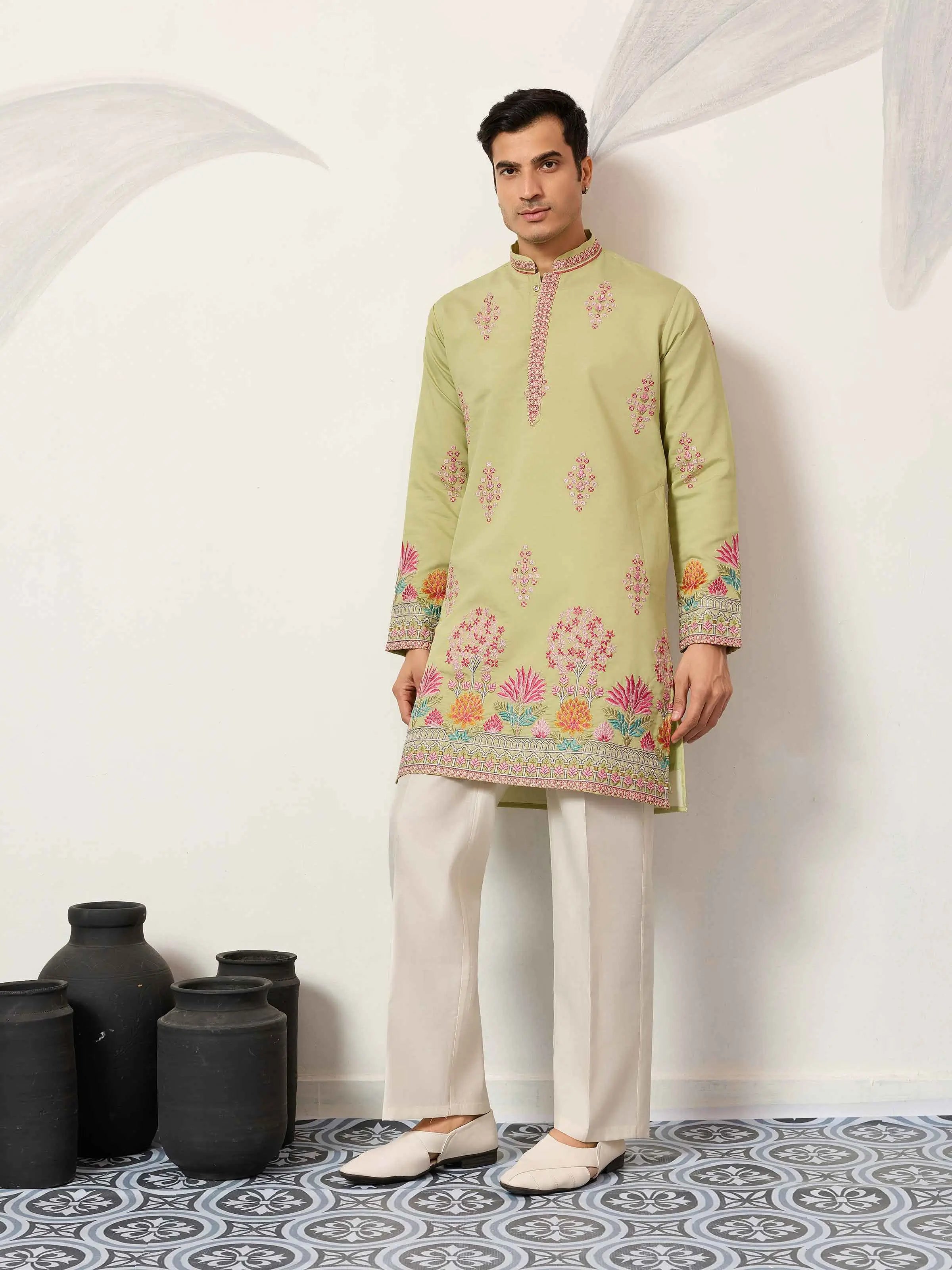 Pista Embroidery Work Kurta Set