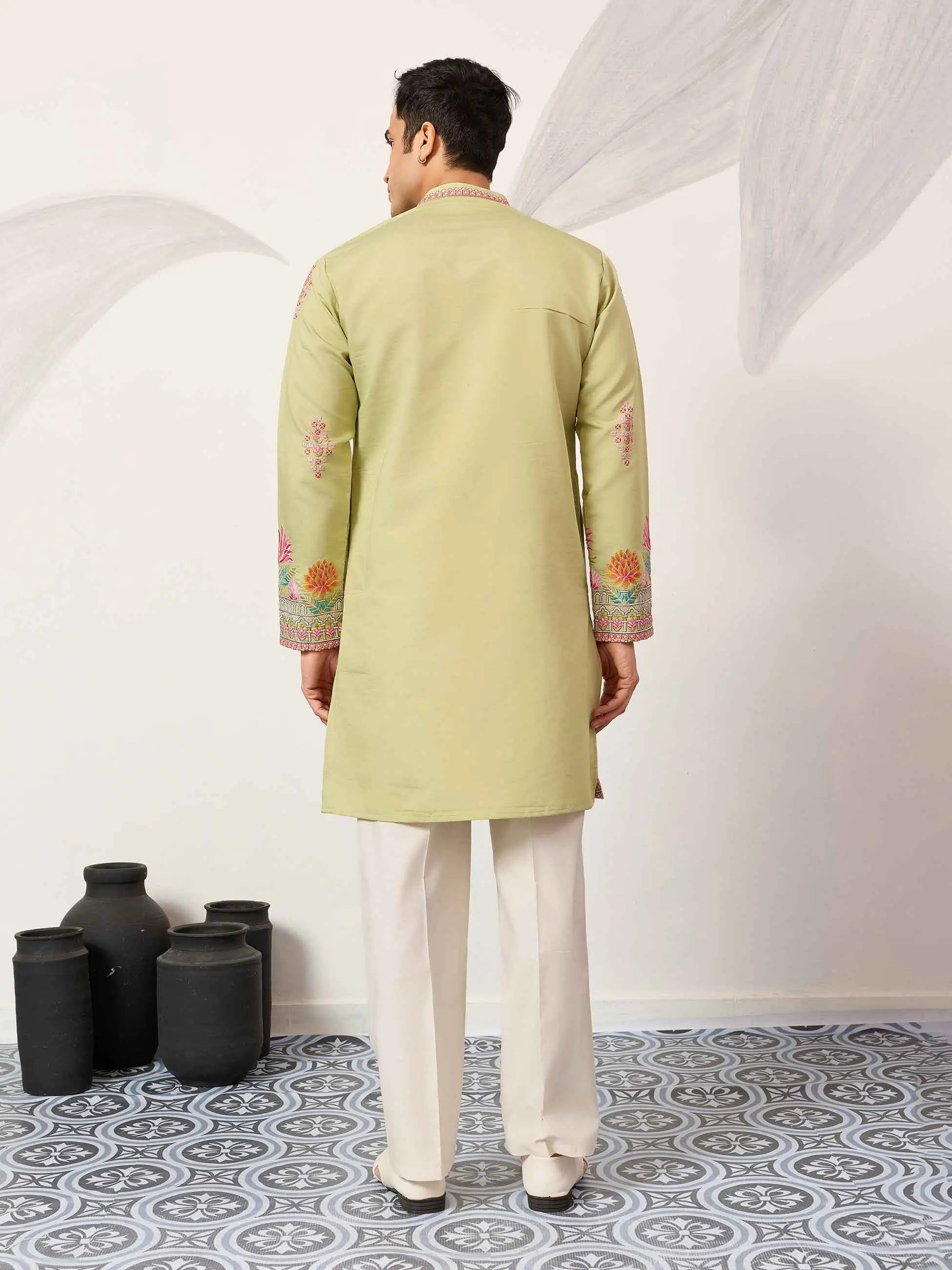 Pista Embroidery Work Kurta Set