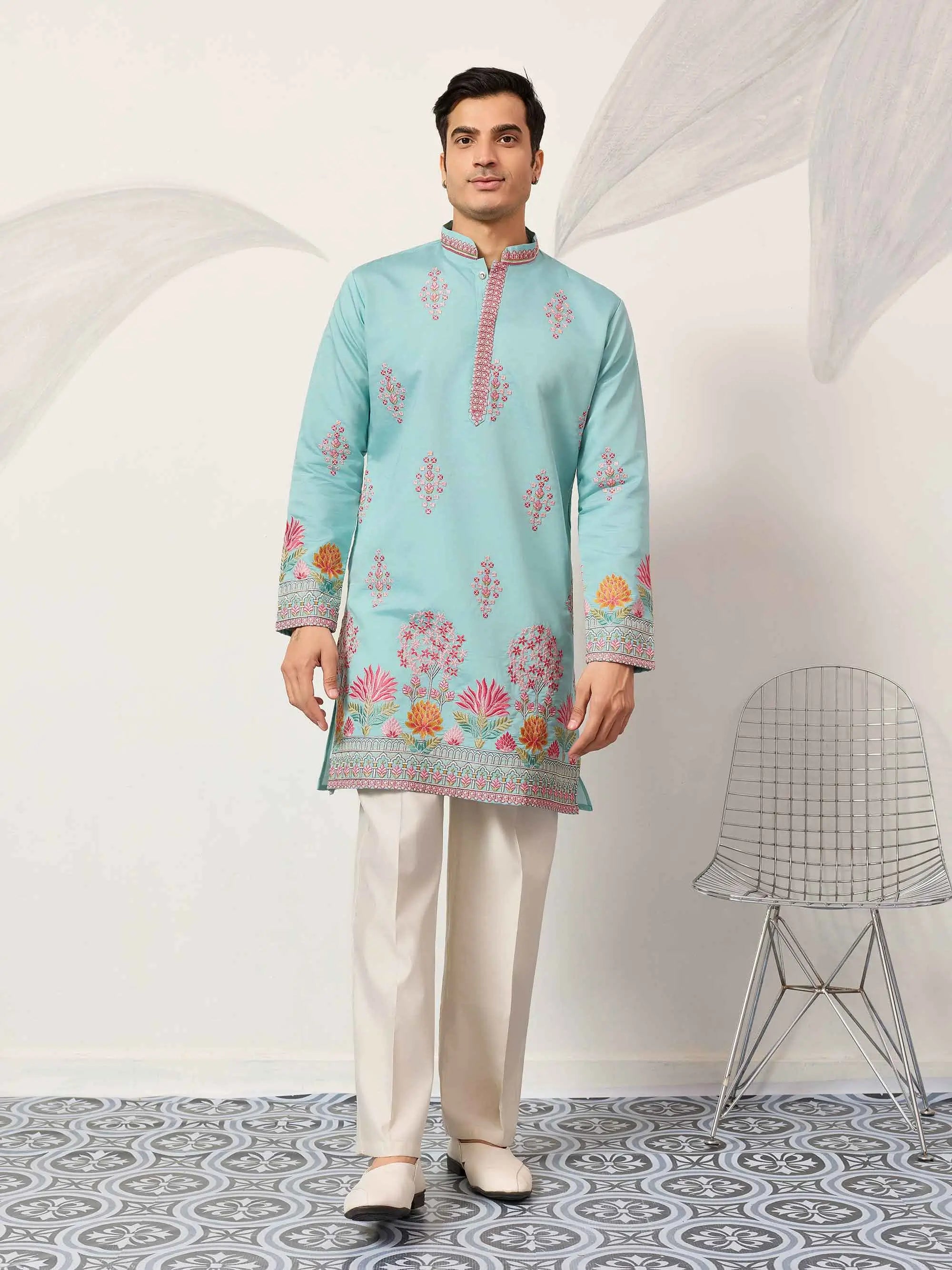Sky Embroidery Work Kurta Set