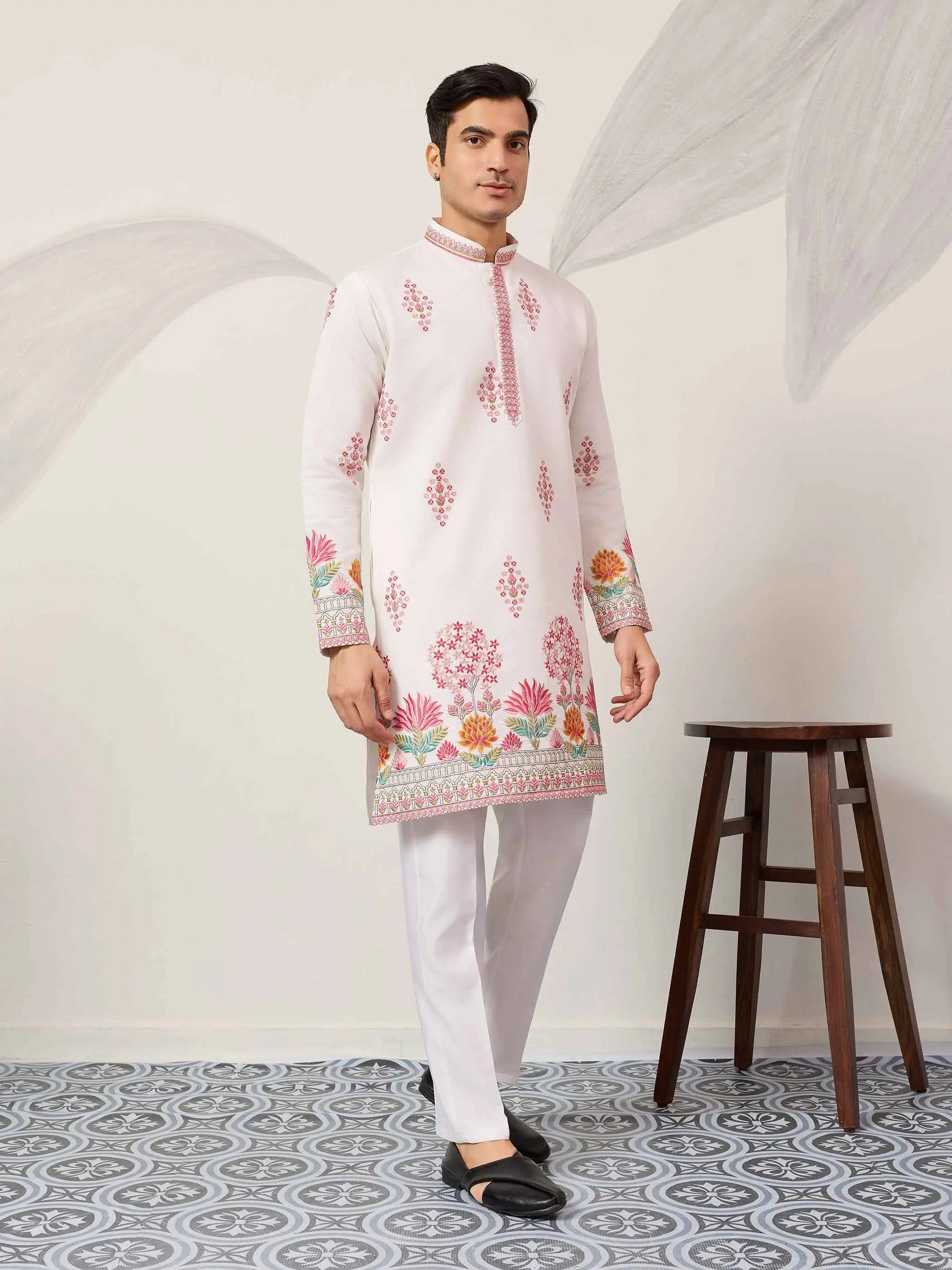 White Embroidery Work Kurta Set