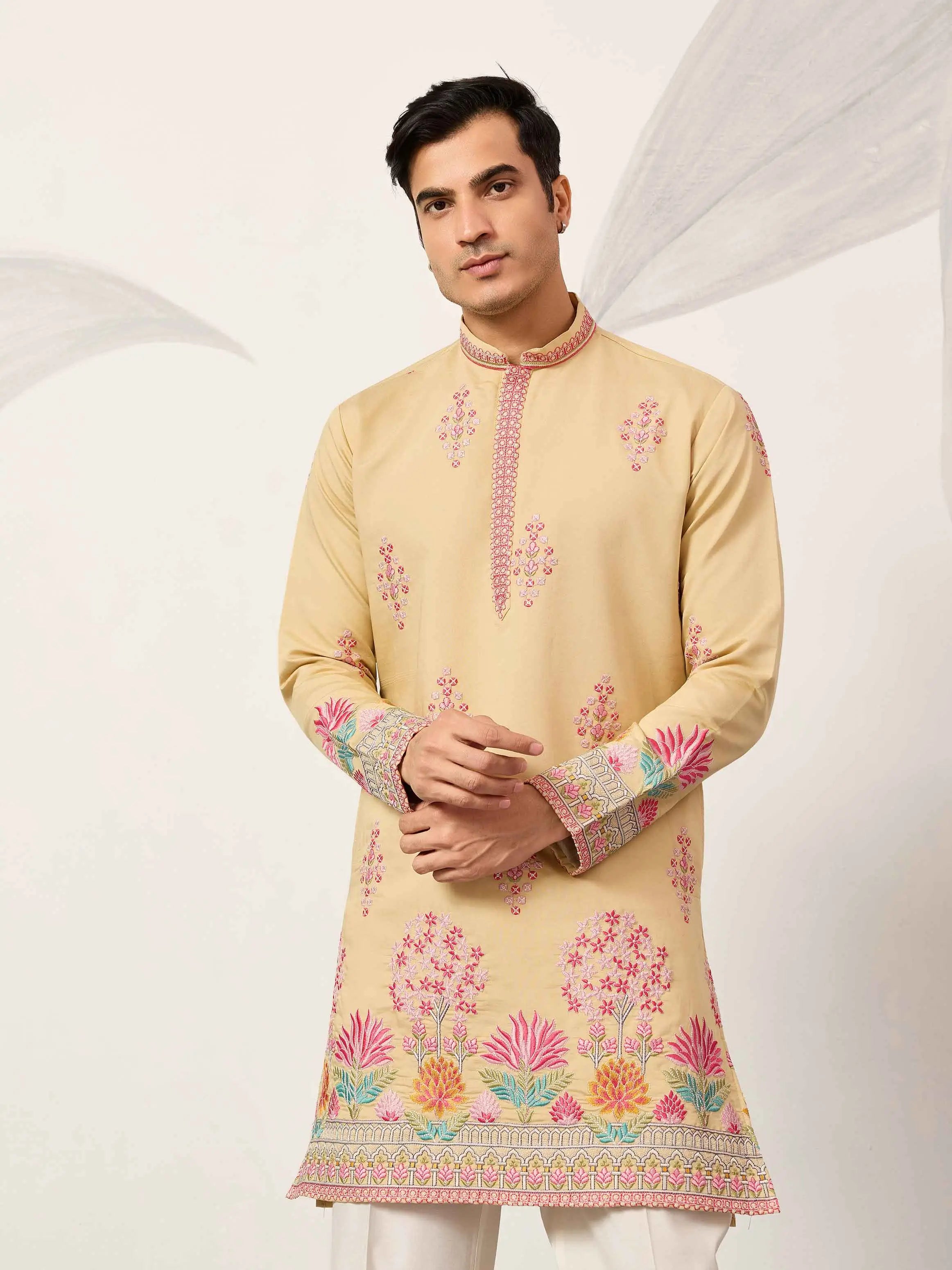 Light Yellow Embroidery Work Kurta Set