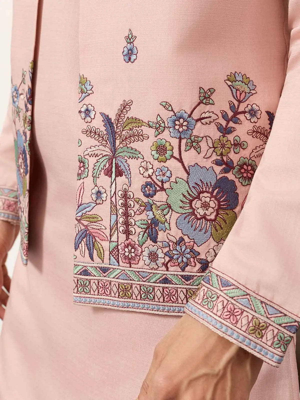 Peach Kurta Set With Embroidered Koti