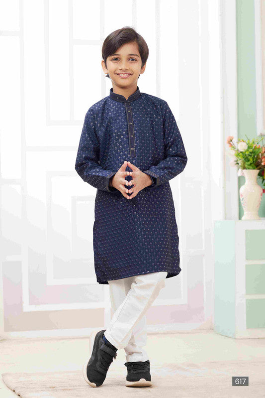 Boy's Blue Art Silk Embroidery Kurta Set