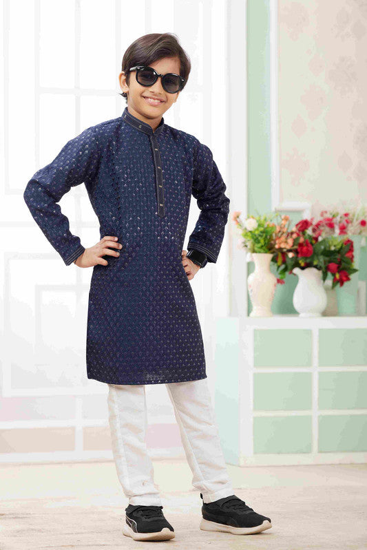 Boy's Blue Art Silk Embroidery Kurta Set