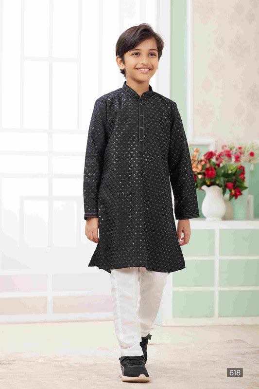 Boy's Black Art Silk Embroidery Kurta Set