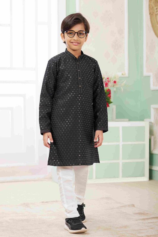 Boy's Black Art Silk Embroidery Kurta Set