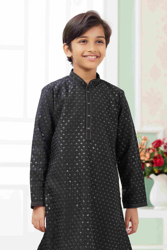 Boy's Black Art Silk Embroidery Kurta Set