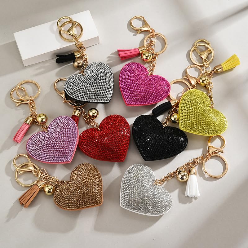 Ounamei Rhinestone Heart Keychain | Crystal Bling Tassel Bag Charm