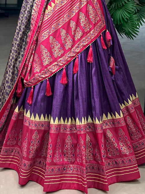 Tussar Silk Print With Foil Print With Heavy Tassels In Purple Color