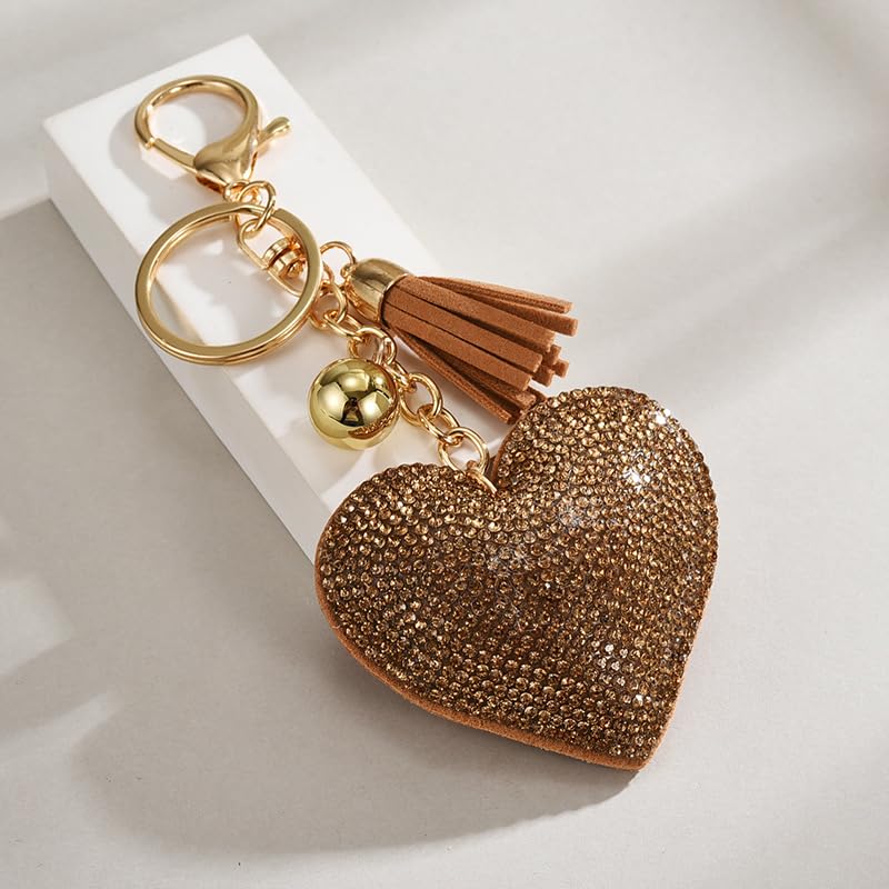 Ounamei Rhinestone Heart Keychain | Crystal Bling Tassel Bag Charm