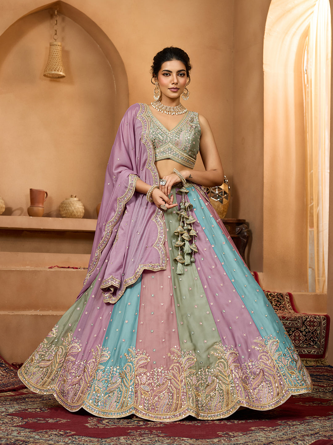 Lavender- Georgette Fabric Sequins embroidery Semi-Stitched Lehenga & Unstitched Blouse With Dupatta - qivii