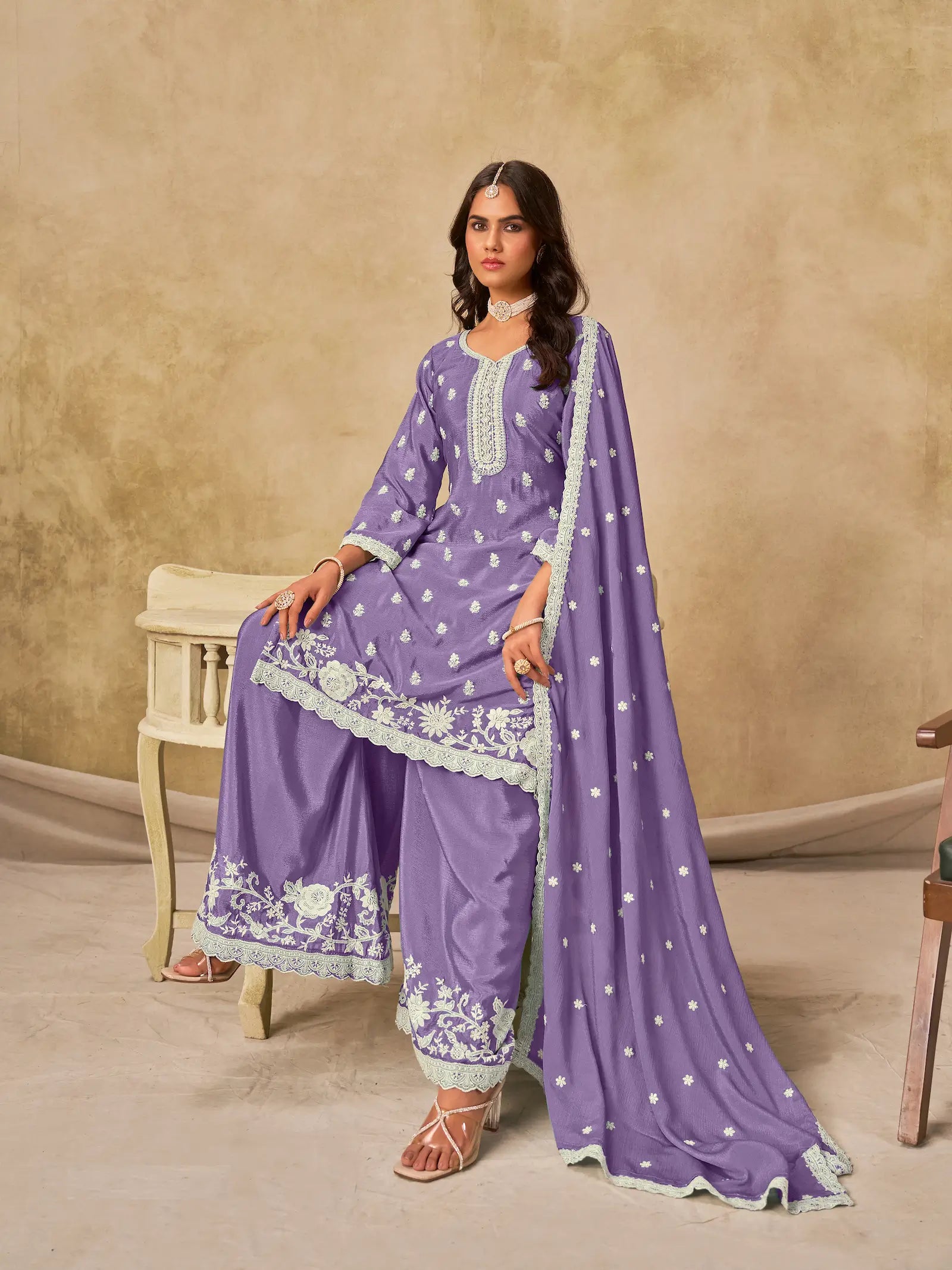Lavender Chinon Embroidery Work Palazzo Suit - qivii