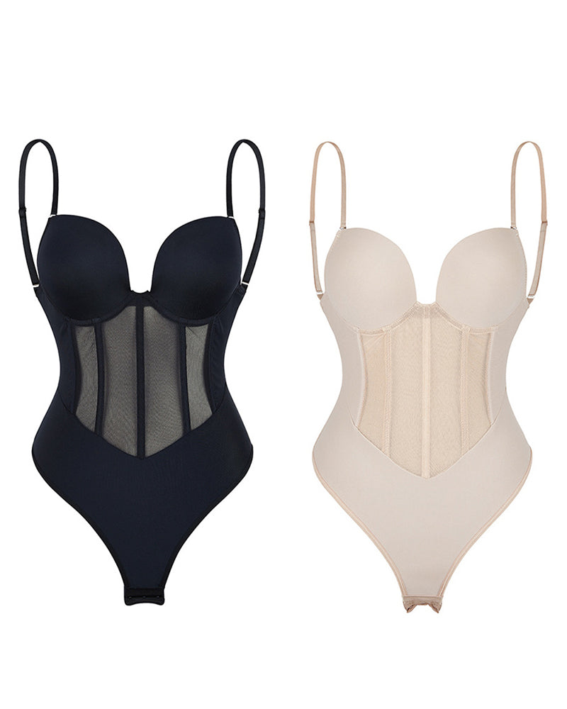 Sexy Mesh Shapewear Corset Backless Thong Bodysuit With Built-in Bra  - By Qivii