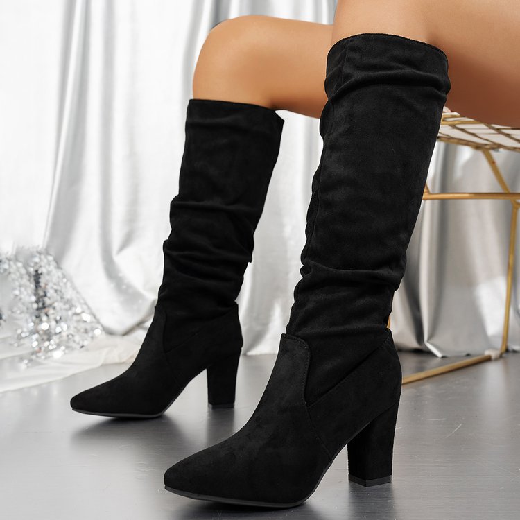 Women’s Suede ChunkyEdge Knee-High Boots – Pointed Toe Chunky Heel Tall Boots (US 4–10.5)