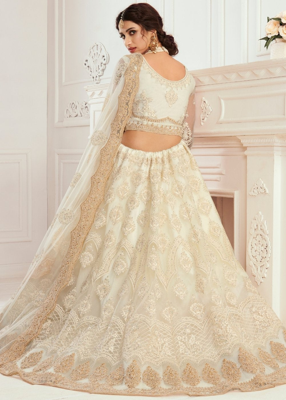 Ivory White Soft Net Lehenga Choli with Cording, Stonework, Thread & Zari Embroidery | Ready To Wear - qivii