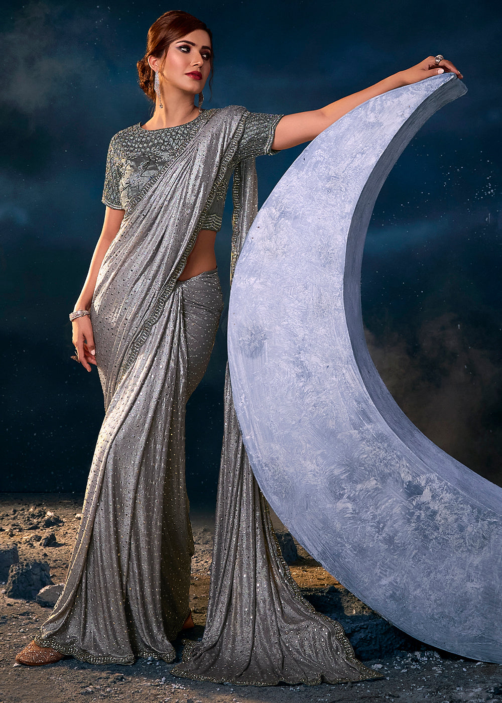 Iron Grey Designer Imported Fabric Saree with Cut Dana ,Moti, Zarkan & Crystal work