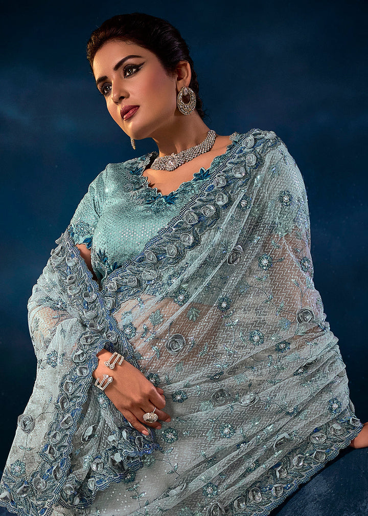 Light Grey Digital Net Saree with Thread,Sequence, Zarkan, Moti & All Over Flower Applique work