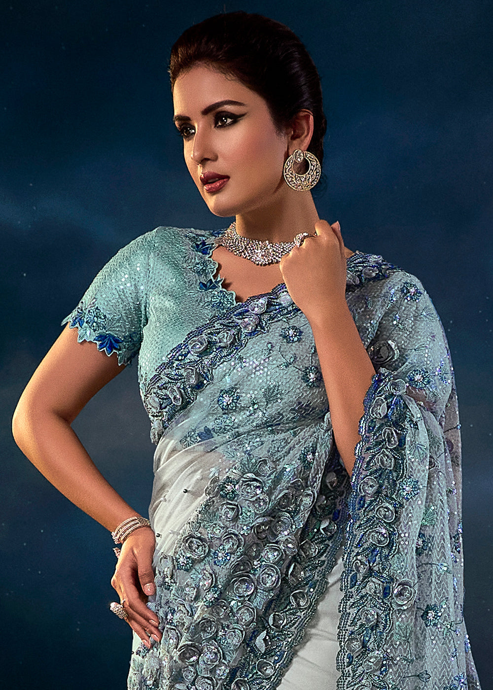 Light Grey Digital Net Saree with Thread,Sequence, Zarkan, Moti & All Over Flower Applique work